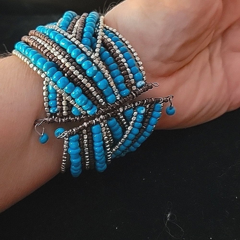 Turquoise Gray Siver Seed Bead Bangle Wrap Bracelet 2" Wide Criss Cross Cuff - Picture 5 of 6